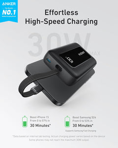 Anker Zolo Power Bank, cargador portátil de 10,000 mAh 30 W con cable USB-C integrado para viajes, batería de carga rápida para iPhone serie 16/15, MacBook, Galaxy, iPad y más ln23
