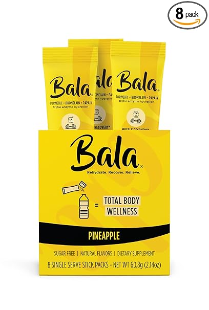 Paquete de mezcla para bebida hidratante Bala con cúrcuma | Polvo electrolítico sin azúcar, recuperación muscular, apoyo inmunológico, alivio de las articulaciones | Enzimas de origen vegetal, bromelina, papaína, curcumina (paquete de 8 piñas) ln25