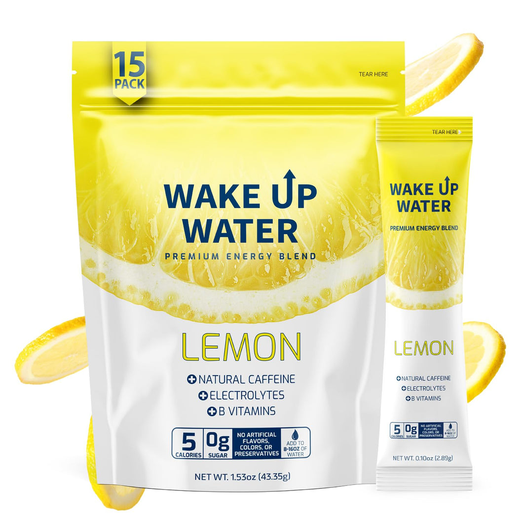 Wake Up Water - Energía + Hidratación Sin Azúcar 15 Paquetes, Sabor Limón - Bebida Energética en Polvo, Bebida en Polvo con Electrolitos, Paquete de Mezcla de Cafeína Natural, B... a22
