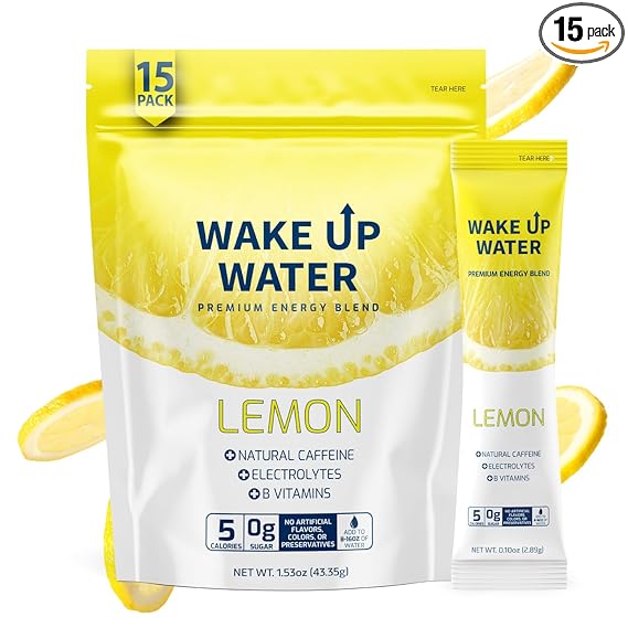 Wake Up Water - Bebida energética + hidratante sin azúcar, paquete de 15, sabor a limón, bebida energética en polvo, bebida con electrolitos, paquete de mezcla de cafeína natural, vitaminas B, 5 calorías, sin gluten, 0,10 oz (2,9 g) ln25