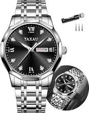 Cargar imagen en el visor de la galería, Reloj de vestir para hombre, reloj de lujo con diamantes impermeable, de cara grande, de acero inoxidable, a la moda, clásico, a21 con fecha de día, dos tonos, plateado, dorado, negro, azul, azul,
