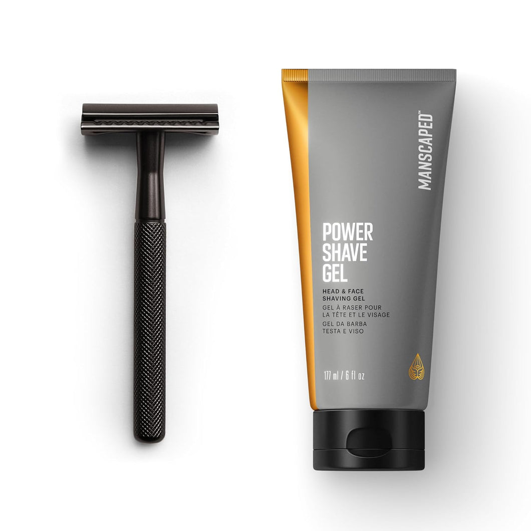 MANSCAPED® The Plow® 2.0 & Power Shave Gel, paquete de afeitado facial para hombre con maquinilla de afeitar de seguridad ln23 de una sola hoja y gel de afeitado facial calmante con exfoliantes líquidos