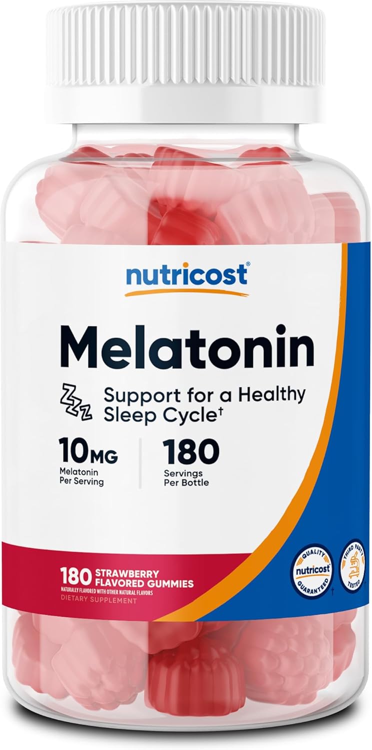 Nutricost Melatonina 10 mg, 180 gomitas (90 porciones), sabor a fresa, sin gluten, sin OMG, sin jarabe de maíz ln26