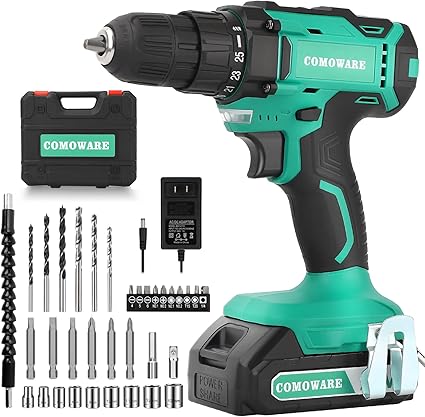 Taladro inalámbrico COMOWARE de 20 V, juego de taladro eléctrico con 1 batería y cargador, portabrocas sin llave de 3/8”, 2 velocidades variables, torque de 266 in-lb, 25+1 posiciones y ln25 34 brocas para taladro/destornillador