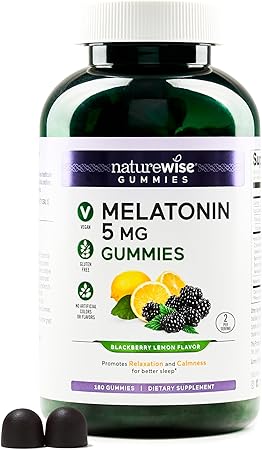 NatureWise Gomitas de melatonina de 5 mg, sin medicamentos, sin hábito, apoyo para dormir con Ashwagandha, raíz de valeriana, bálsamo de limón, mora y limón, vegano, sin gluten, sin OMG, 180 unidades ln26