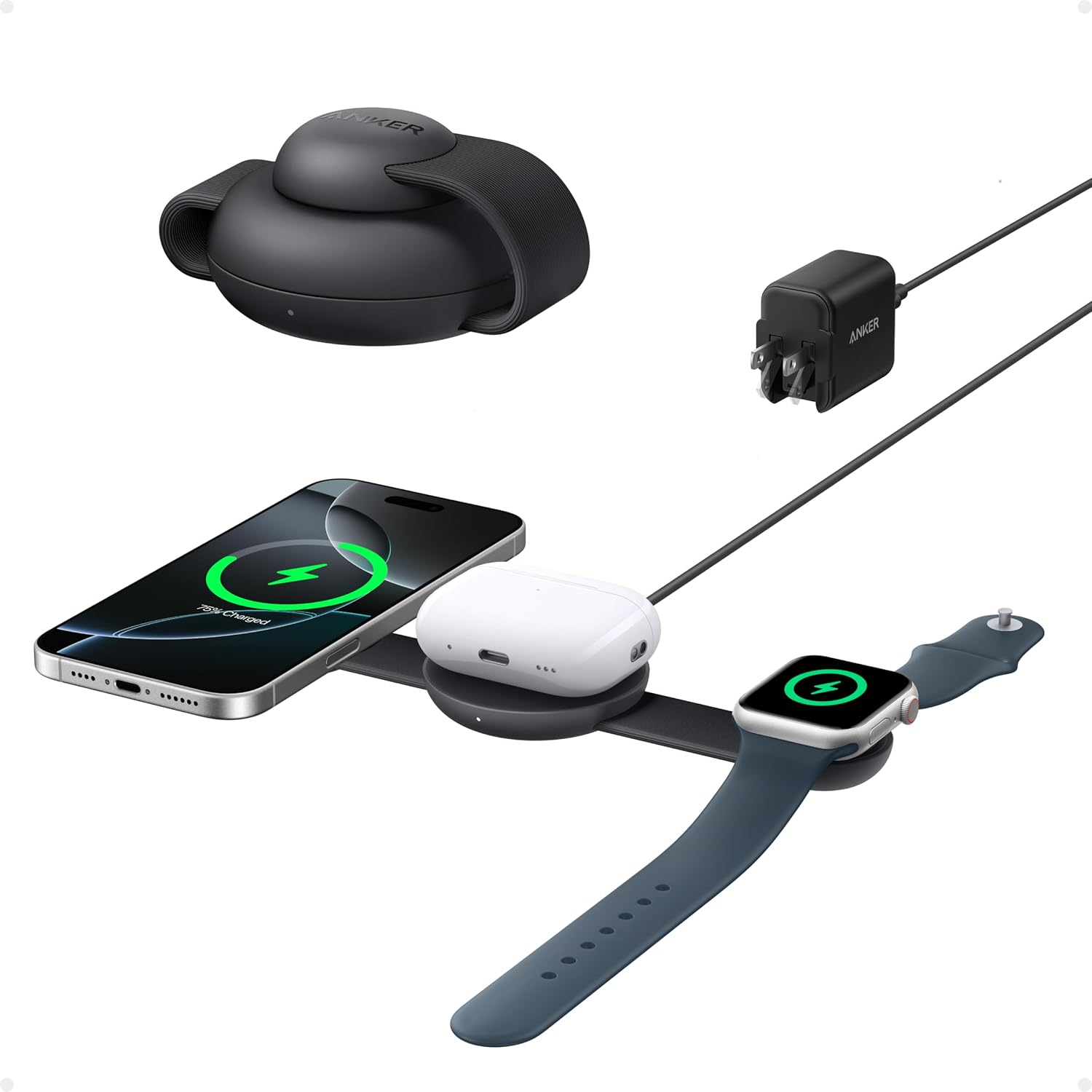 Anker MagSafe Cargador MagGo UFO en 1, estación de carga inalámbrica iPhone 16, certificado Qi2 de 15 W, almohadilla de carga de viaje plegable,