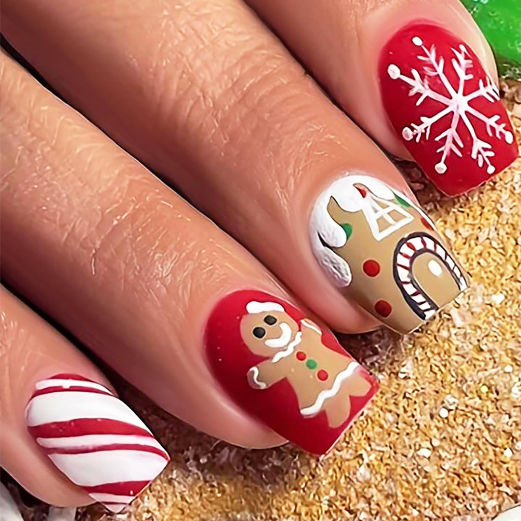 24 uñas postizas de Navidad a presión, cuadradas, cortas, con copos de nieve blancos de invierno, con diseños de rayas, uñas postizas A22 adhesivas mate de Navidad para mujeres y niñas, decoración de uñas