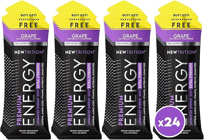 Paquetes de shots energéticos de máxima potencia, shots energéticos con cafeína, vitamina B y aminoácidos, shots energéticos con vitaminas sin azúcar, 1,7 fl oz, uva, 24 unidades ln25