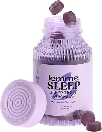 Gomitas para dormir Lemme con 5 mg de melatonina, a23 L-teanina, manzanilla y lavanda, ayuda para dormir por la noche sin medicamentos, veganas, sin gluten, sin gelatina, sin OGM, sabor a frutos del bosque (60 unidades)