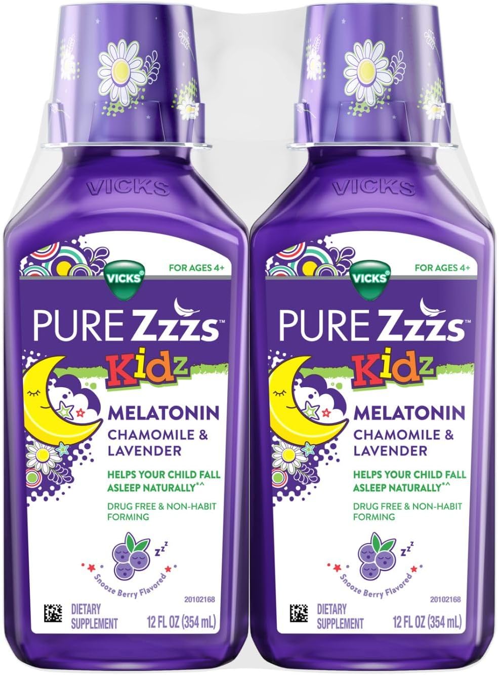 VICKS PURE Zzzs Kidz, ayuda para dormir de melatonina líquida para niños y niños, ayuda a tu hijo a conciliar el sueño de forma natural, melatonina en dosis bajas, sabor a bayas, 12 onzas x 2 ln26