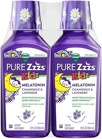 VICKS PURE Zzzs Kidz, ayuda para dormir de melatonina líquida para niños y niños, ayuda a tu hijo a conciliar el sueño de forma natural, melatonina en dosis bajas, sabor a bayas, 12 onzas x 2 ln26