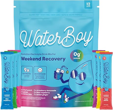Paquete de muestra de recuperación de fin de semana de Waterboy | Paquetes de electrolitos en polvo de 3200 mg | Jengibre + L-teanina + vitaminas | Sin azúcar, totalmente natural, sin gluten | 12 mezclas para bebidas (paquete de muestra) ln25