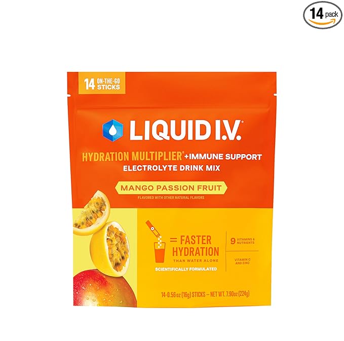 Multiplicador de hidratación Liquid IV® + refuerzo inmunológico - Mezcla de bebida en polvo con electrolitos y mango y maracuyá | 1 paquete (14 porciones) ln25