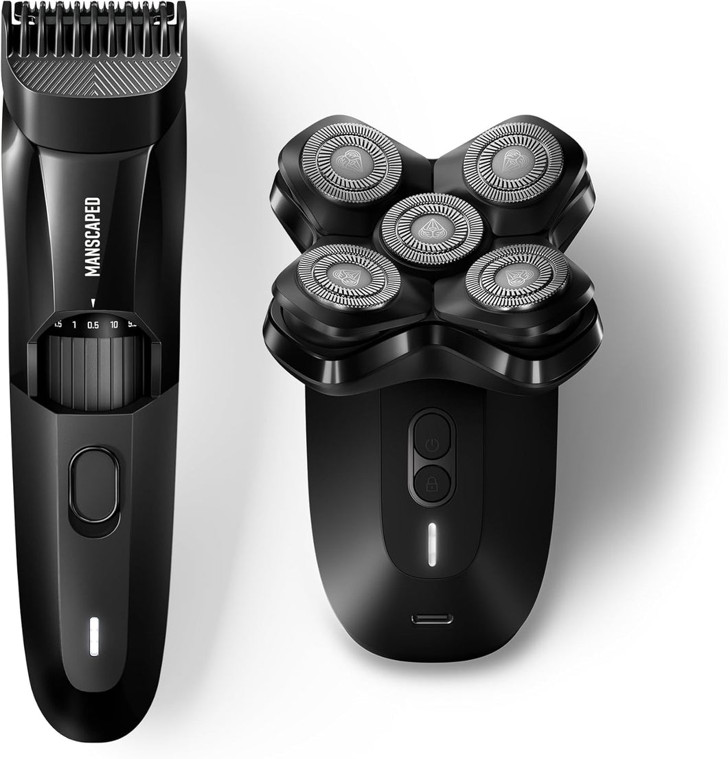 MANSCAPED® El paquete Beard & Dome incluye: el recortador de barba Beard Hedger® Premium, longitud de hoja ajustable y la afeitadora Dome Shaver™ PRO ln23 para hombres calvos con tecnología SkinSafe® y