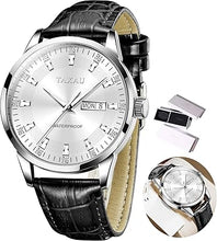 Cargar imagen en el visor de la galería, Reloj de cuero negro para hombre, fecha, cuarzo, a21 analógico, diamantes, cara grande, impermeable, regalos para él
