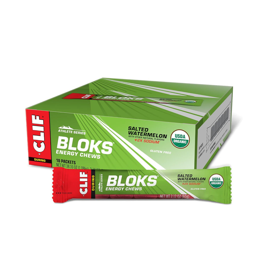 CLIF BLOKS - Sabor a sandía salada con 2X de sodio - Masticables energéticos - Sin OGM - A base de plantas - Combustible rápido para andar en bicicleta y correr - Carbohidratos y electrolitos rápidos - 2,12 oz. (18 unidades) ln25