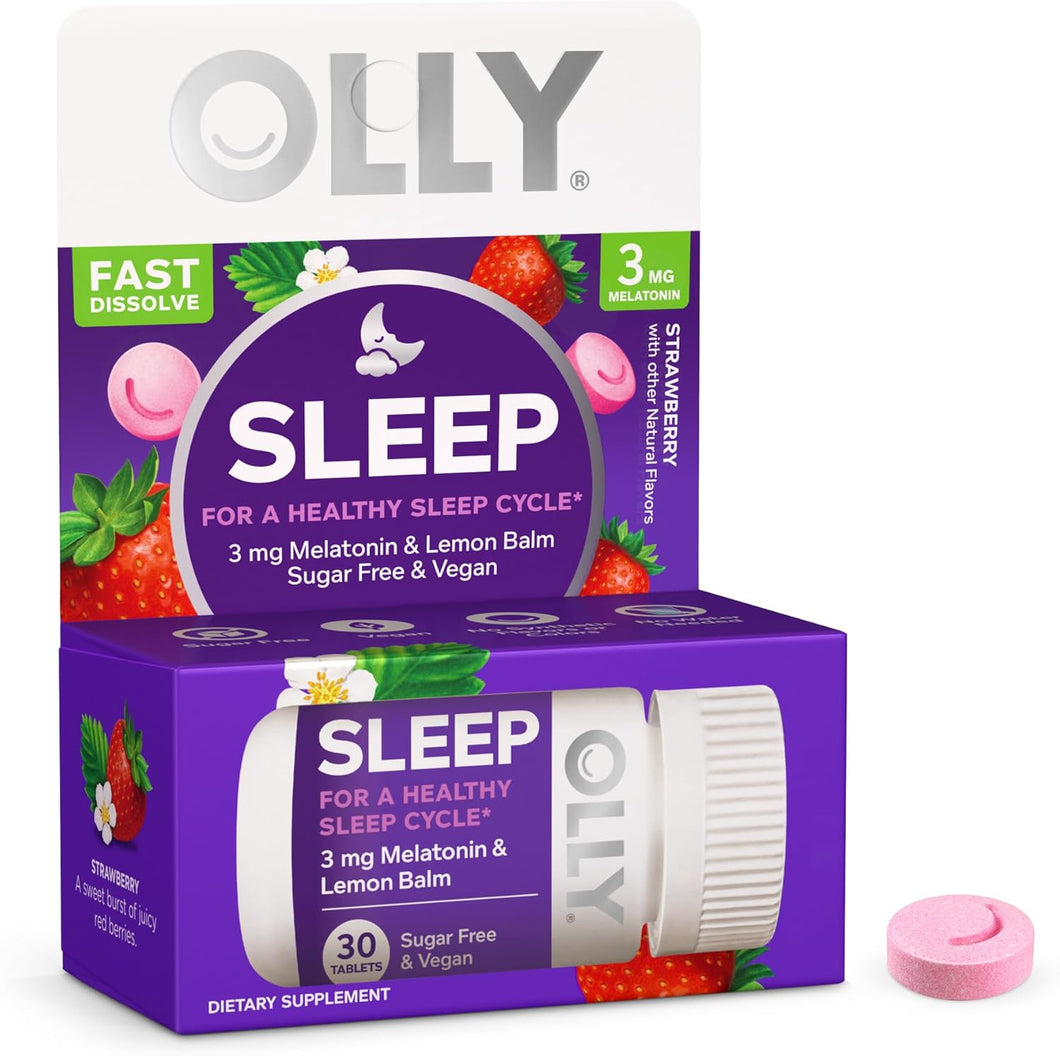OLLY Sleep Fast Disuelve, 3 mg de melatonina, bálsamo de limón, sabor a fresa, suministro para 30 días - 30 unidades ln26