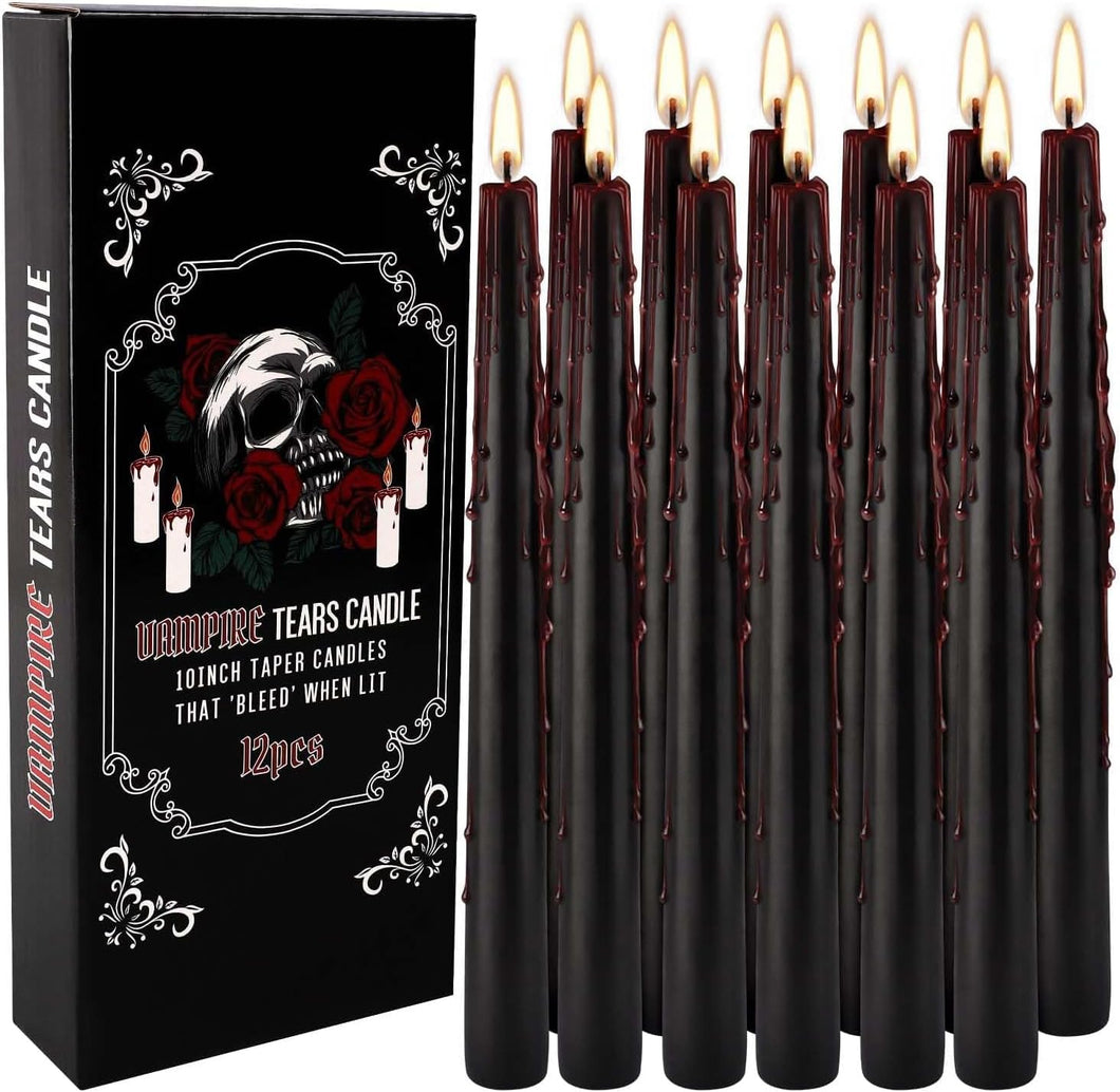 12PCS Velas de Agudeza Negras de 10 Pulgadas, Velas de Vampiro Lacas