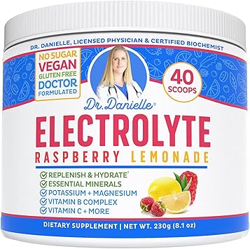 Suplemento en polvo con electrolitos original de la Dra. Danielle: bebida hidratante que aumenta la energía y es compatible con la dieta cetogénica, sin maltodextrina ni azúcar, sabor a limonada y frambuesa ln25