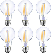 Cargar imagen en el visor de la galería, Energetic Bombillas LED de filamento regulables, 8 W, equivalente a 60 W, blanco cálido 3000 K, vidrio transparente clásico, bombilla LED A19, paquete de 6 A19
