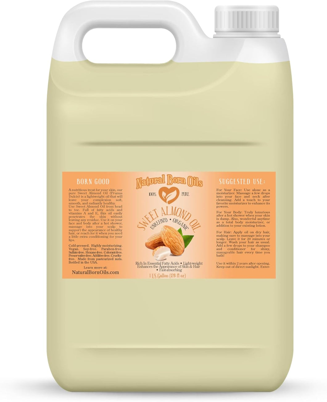 Aceite de almendras dulces, 1 galón, orgánico, prensado en frío, rico en nutrientes, excelente para piel suave, cabello lustroso Ln23