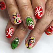 Cargar imagen en el visor de la galería, Uñas postizas a presión con luces coloridas rojas navideñas, uñas postizas cortas de almendra con diseño de monstruo verde, a22 uñas artificiales de Navidad de invierno, uñas postizas de cobertura
