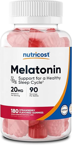 Gomitas de melatonina Nutricost de 20 mg por ración (180 gomitas con sabor a fresa) - Sin gluten a23