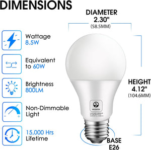 E ENERGETIC LIGHTING Bombilla LED A19 de 60 W, 800 lúmenes, 8.5 W, 5000 K, no regulable, bombillas LED de luz diurna de 60 W, validadas por UL, respetuosas con el medio ambiente, 20 paquetes A19