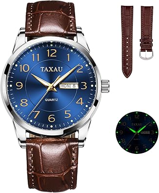 Reloj de hombre con cara grande, fácil de leer, números arábigos, relojes de vestir para hombre, clásico, negro, marrón, A21 correa de cuero, analógico, reloj de pulsera para hombre con día y fecha,