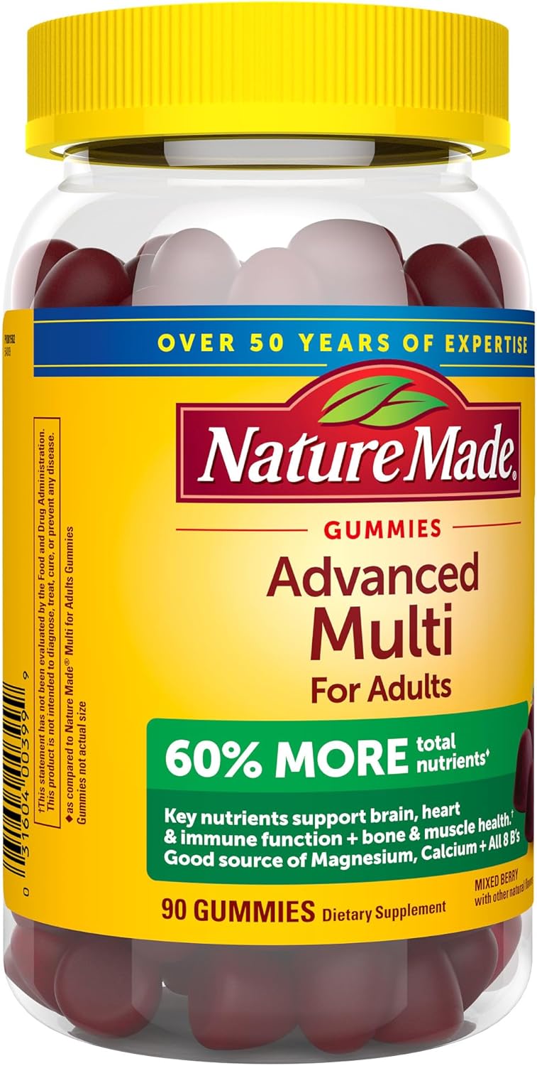 Gomitas multivitamínicas avanzadas Nature Made para adultos con citrato de magnesio, calcio y las 8 vitaminas B, soporte nutricional diario, 90 gomitas, suministro para 30 días ln25
