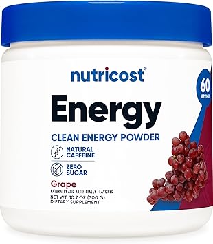 Bebida energética en polvo Nutricost (uva) (60 porciones): suplemento preentrenamiento con sabores naturales, sin OGM ni gluten ln25