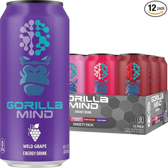 Bebida energética Gorilla Mind | Energía inigualable | Concentración amplificada | N-acetil-L-tirosina, alfa-GPC, 200 mg de cafeína, uridina, azafrán | Sin azúcar ni colorantes artificiales | 16 oz, paquete de 12 (paquete variado n.° 2) ln25