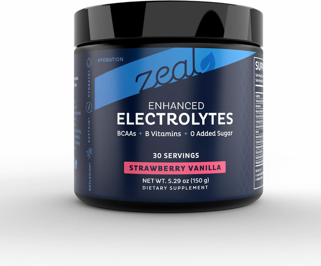 Bebida de recuperación en polvo con electrolitos Zeal Naturals (30 porciones | sabor fresa y vainilla) con 0 azúcares, BCAA y vitaminas B. Suplemento de electrolitos con potasio, zinc y... a22