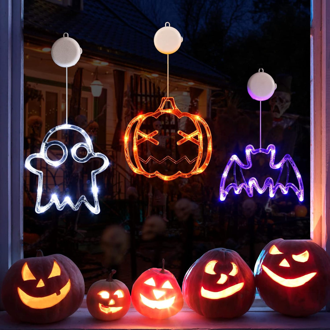Luces de Halloween LOLStar Decoraciones 2025 Paquete de 3 Luces de ventana de murciélago morado de calabaza naranja con ventosas