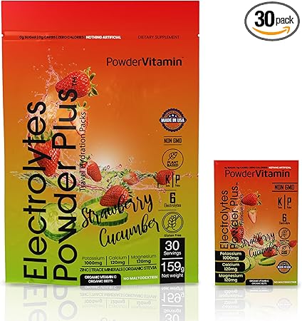 Electrolytes Powder Plus, cetogénico, fresa y pepino, sin azúcar, 1000 mg de potasio, 120 mg de calcio, 120 mg de magnesio, sin OGM, cero calorías, 30 paquetes de hidratación ln25