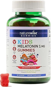 Gomitas de melatonina Naturewise Kids de 1 mg: ayuda para dormir sin fármacos ni hábito para niños de 4 años en adelante. Deliciosos ositos de goma con sabor a fresa. Veganos, sin gluten, sin OGM. 90 unidades [suministro para 3 meses]. a23