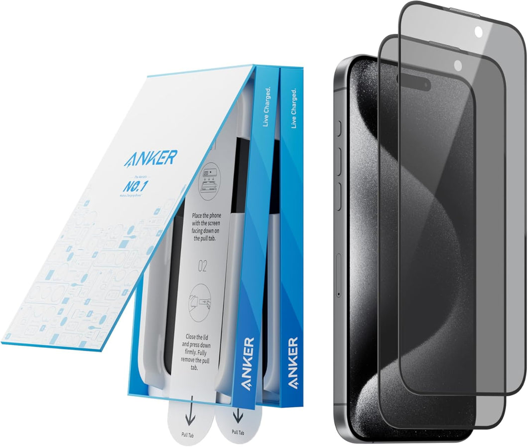 Anker Paquete de 2 protectores a19 de pantalla de privacidad para iPhone 15 Pro Max, protector de pantalla de privacidad de vidrio templado HD antiespía, fácil instalación exclusiva para iPhone 15 Pro Max