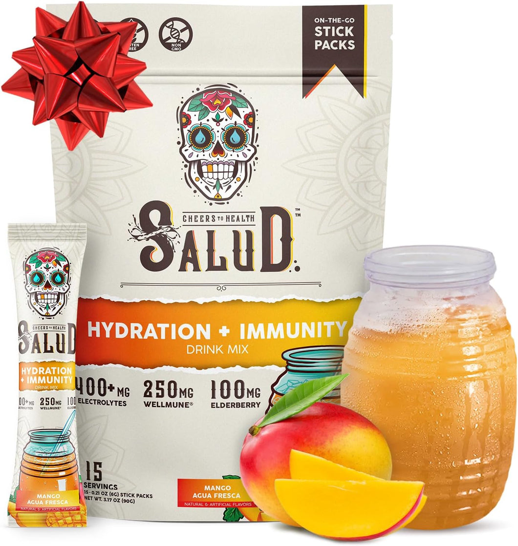 Paquetes de hidratación 2 en 1 Salud + polvo de electrolitos para la inmunidad, mezcla de bebida de mango y agua fresca, baya del saúco, sin lácteos ni soja, sin OGM, sin gluten, vegano,... a22