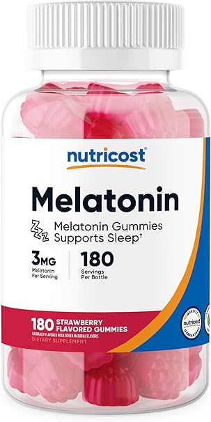 Melatonina Nutricost 3 mg, 180 gomitas, sabor a fresa, sin gluten, sin OGM, sin jarabe de maíz a23