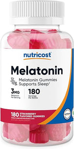 Nutricost Melatonina 3 mg, 180 gomitas, sabor a fresa, sin gluten, sin OMG, sin jarabe de maíz ln26