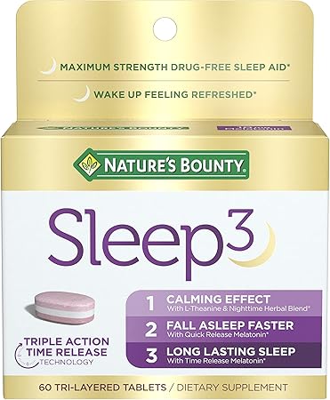 Nature's Bounty Sleep3 Melatonina 10 mg, ayuda para dormir 100% libre de fármacos, con L-teanina y mezcla Nighttime Herbal Blend con tecnología de liberación prolongada, 60 pastillas de tres capas ln26