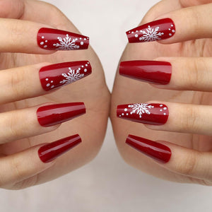 Acenail Uñas postizas cuadradas cortas con purpurina brillante con copos de nieve, uñas postizas acrílicas de cobertura completa, regalo de Navidad,... a22 Nombre del patrón:Copo de nieve rojo oscuro de Navidad