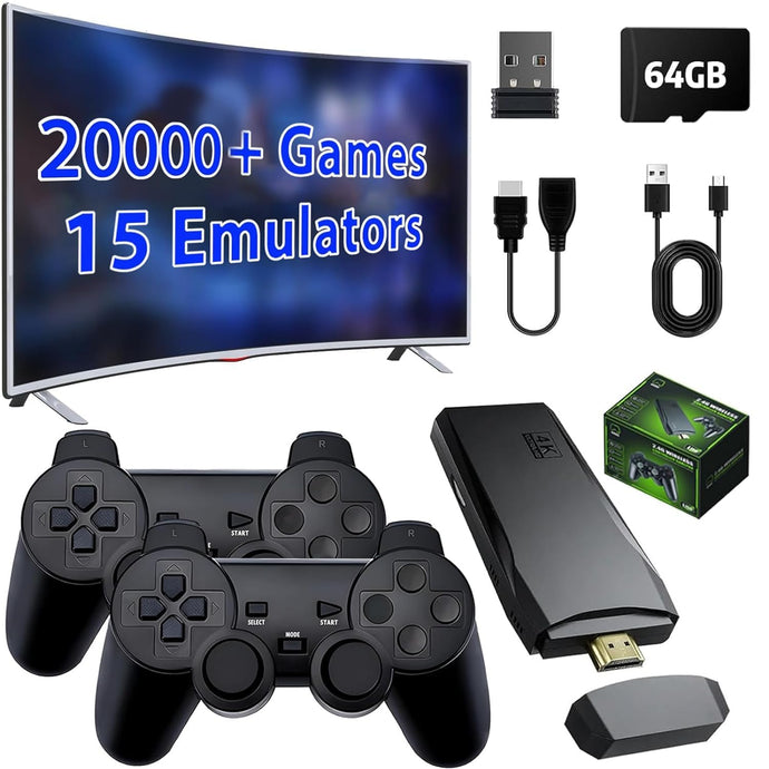 Upgrade Wireless Retro Game Console Stick, ZeroStory Retro Video Game Console Stick Built in 20000+ Games with 15 Emulators, 4K HDMI Output with 2 2.4G Wireless Controllers (64GB Memory Card) A19