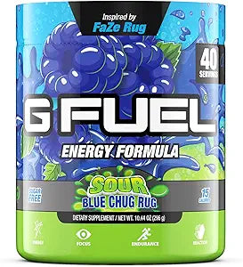 G Fuel Faze Rug Energy Powder, suplemento de cafeína limpia sin azúcar, mezcla de agua, sabor a frambuesa azul ácida, con aminoácidos para concentrarse, mezcla de vitaminas y antioxidantes, 10,44 oz (40 porciones) ln25