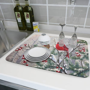 Tapete de secado de platos con diseño de pájaro rojo de Feliz Navidad,ln23 absorbente y de secado rápido, protector para encimera de cocina, 18 x 24 pulgadas