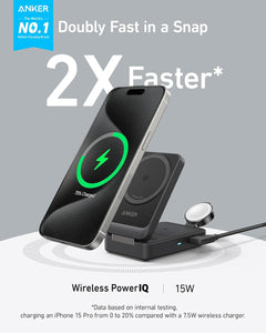 Anker MagGo - Estación de carga 3 en 1 para iPhone 16, soporte de cargador inalámbrico compatible con MagSafe, a19 cargador plegable de 15 W certificado Qi2 para iPhone 15/14, AirPods, Apple Watch 9