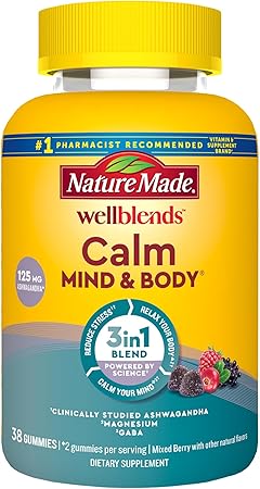 Nature Made Wellblends Calm Mind & Body, mezcla de citrato de magnesio, ashwagandha 125 mg y GABA 100 mg para aliviar el estrés, 38 vitaminas gomosas a23