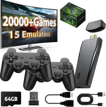 Cargar imagen en el visor de la galería, Barra de consola de juegos retro inalámbrica, palo de juegos nostalgia, Plug &amp; Play TV Video Gaming Stick con más de 20000 juegos integrados, 15 emuladores retro 64G, salida HDMI 4K, 2 controladores A19
