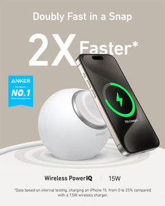 Anker MagGo - Estación de carga magnética, certificado Qi2 de 15 W, cargador inalámbrico MagSafe ultra rápido a19 para iPhone 15/14/13, regleta de alimentación 8 en 1 con 3 CA y 4 cargadores de escritorio