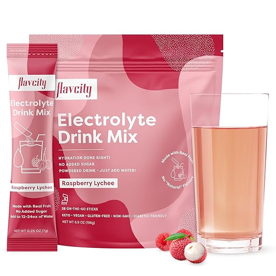 Bebida con electrolitos de frambuesa y lichi de FlavCity, 28 sobres para llevar - Sobres de electrolitos saludables en polvo elaborados con fruta real - Bebida en polvo cetogénica sin azúcar agregada, sin gluten ln25